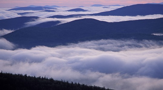From Sugarloaf Mtn. Sunrise, undercast, fog. Nash Stream State Forest. Northern Forest. Cohos Trail. Stratford, NH