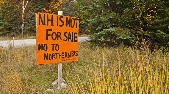 A homemade sign opposing Northern Pass. US 3 in Stratford, New Hampshire.